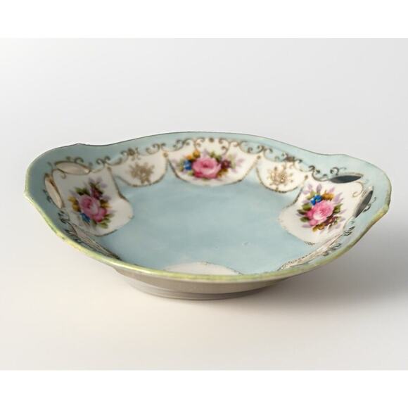Noritake 19th Century Bowl Candy Dish Hand Painted Blue Pink Flowers Floral Gold - Picture 1 of 13